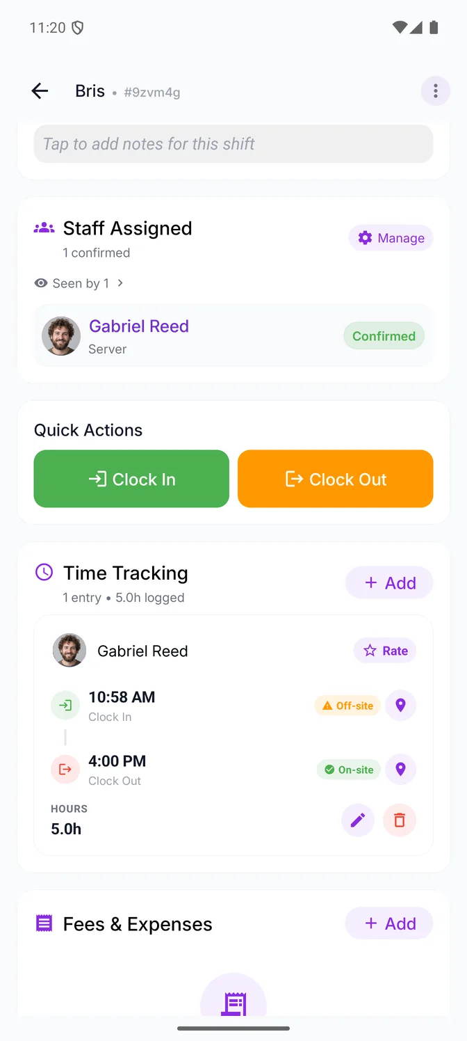 A completed shift in the Eventmatch mobile app, seen by the business: the Time Tracking section with one entry totalling five hours — a clock-in at 10:58 AM carrying an amber Off-site warning and a clock-out at 4:00 PM carrying a green On-site tick, each with a pin that opens the recorded spot in the phone's maps app, above the confirmed team member and the clock-in and clock-out actions.