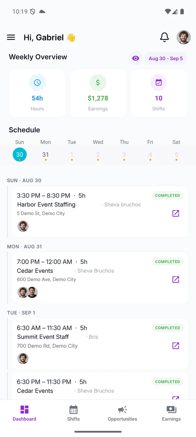 The Eventmatch staff app's home screen: a weekly overview for the chosen week — 54 hours, $1,278 earned across 10 shifts — then the week strip and the schedule itself, each shift with its time, hours, the business, the customer, the address and who else was on it.