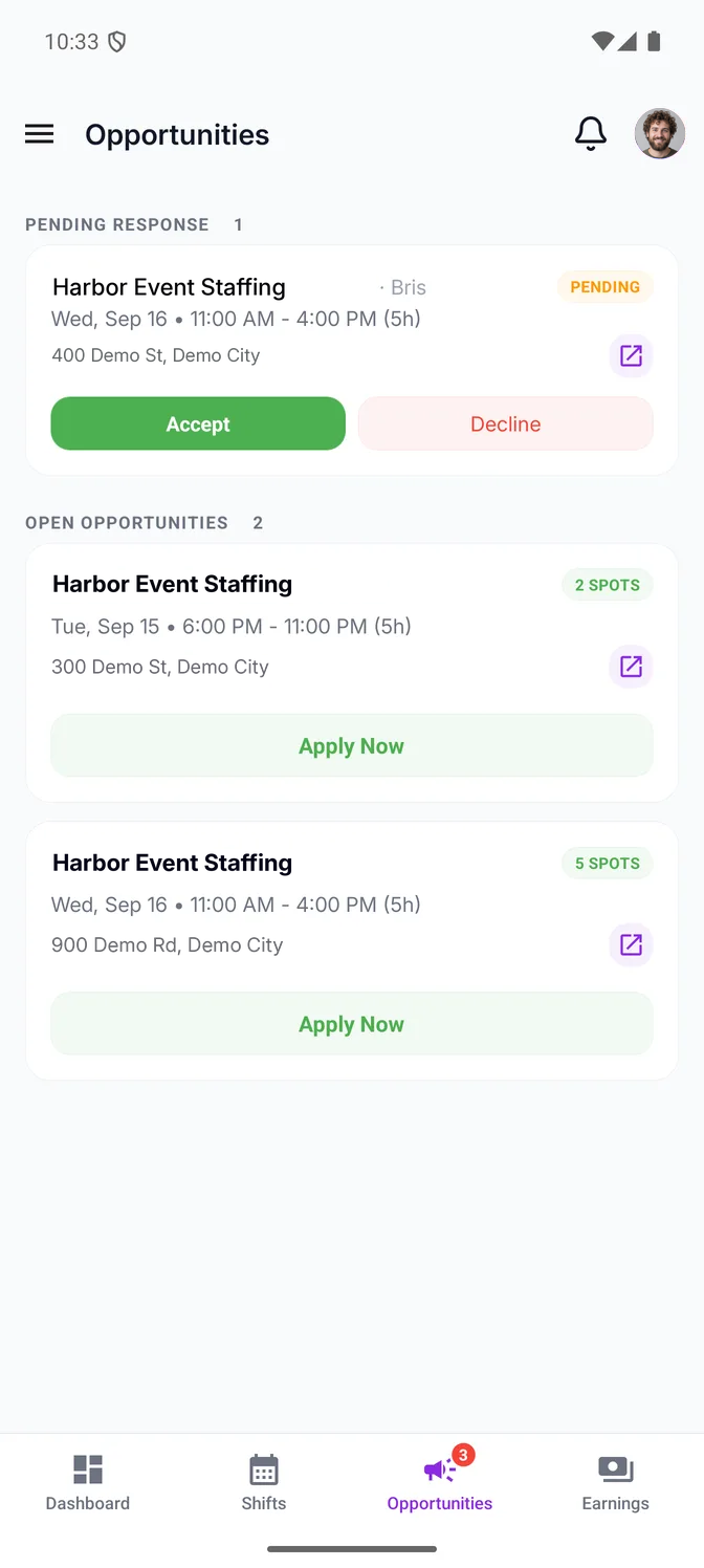 The Opportunities screen in the Eventmatch staff app, in two sections. Pending Response: one shift the business assigned to this worker — Wednesday 11:00 AM to 4:00 PM, with its customer and address, a Pending badge and Accept and Decline buttons. Open Opportunities: two shifts the business published to its team, one with 2 spots and one with 5, each with its date, time, address and an Apply Now button.