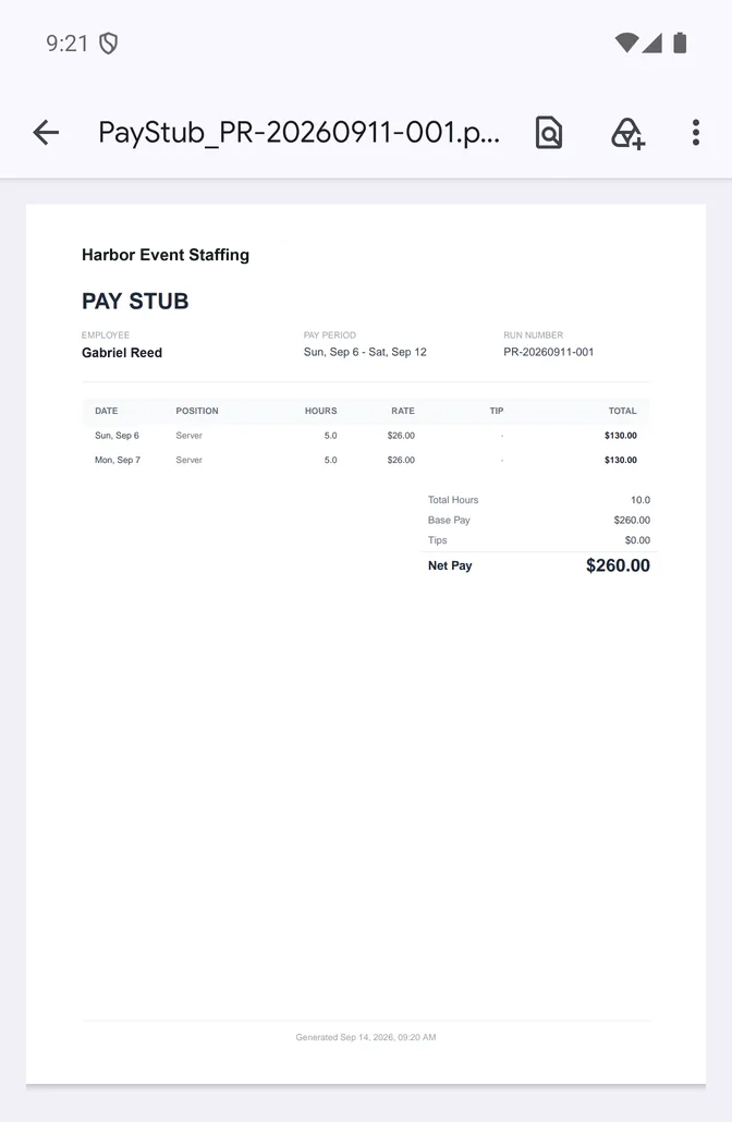 A pay stub opened from the staff app in the phone’s document viewer: the business name above a PAY STUB heading, the employee, the pay period and the run number, then a line per shift with its date, position, hours, rate and total, and the totals — total hours, base pay, tips and net pay.