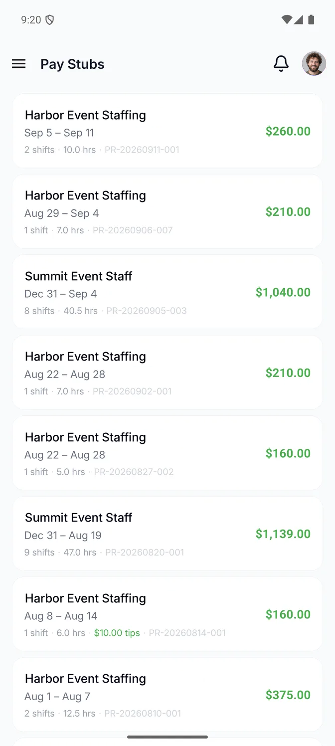 The Pay Stubs list in the Eventmatch staff app: one card per payroll run a business processed for this worker, each with the business name, the pay period it covered, the number of shifts and hours in it, its run number and the amount paid.