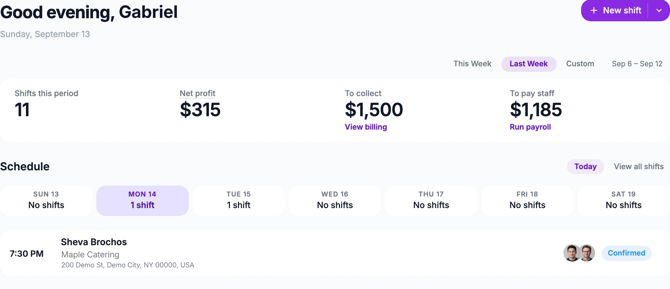 The Eventmatch web app's dashboard for a business, on a past week: shifts this period, net profit, the amount left to collect from customers with a link to billing, and the amount left to pay staff with a link to payroll — then the week's schedule and a confirmed shift with its time, customer, location and assigned team.