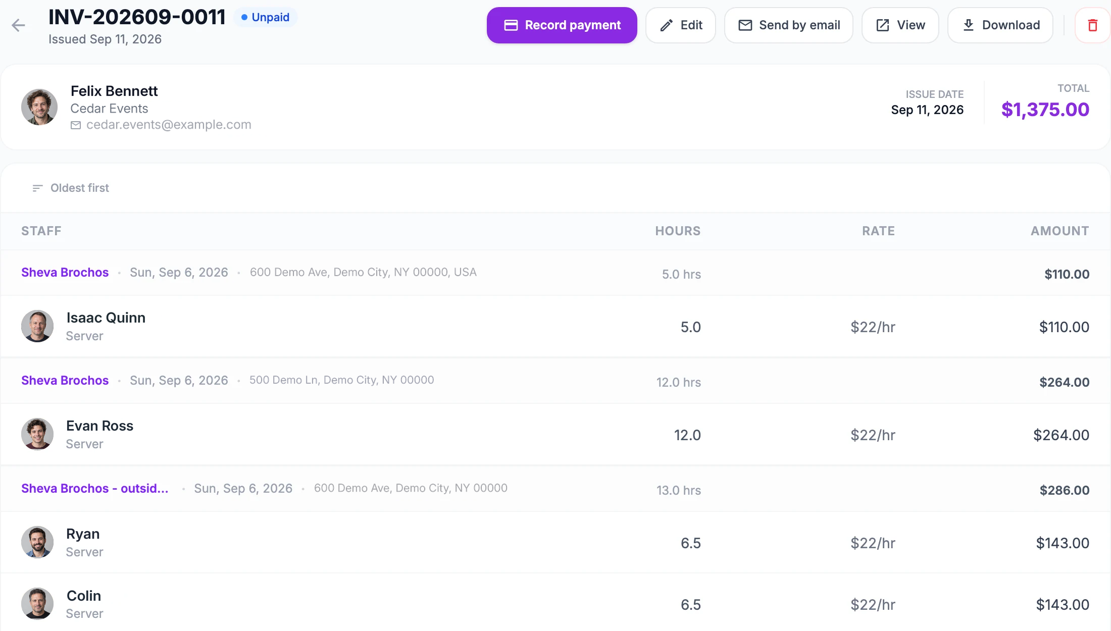 An unpaid customer invoice in the web app: its number and Unpaid badge, the issue date and total, and the actions to record a payment, edit it, send it by email, view it or download it — then three separate shifts on the one invoice, each with the team members who worked it, their hours, rate and amount.