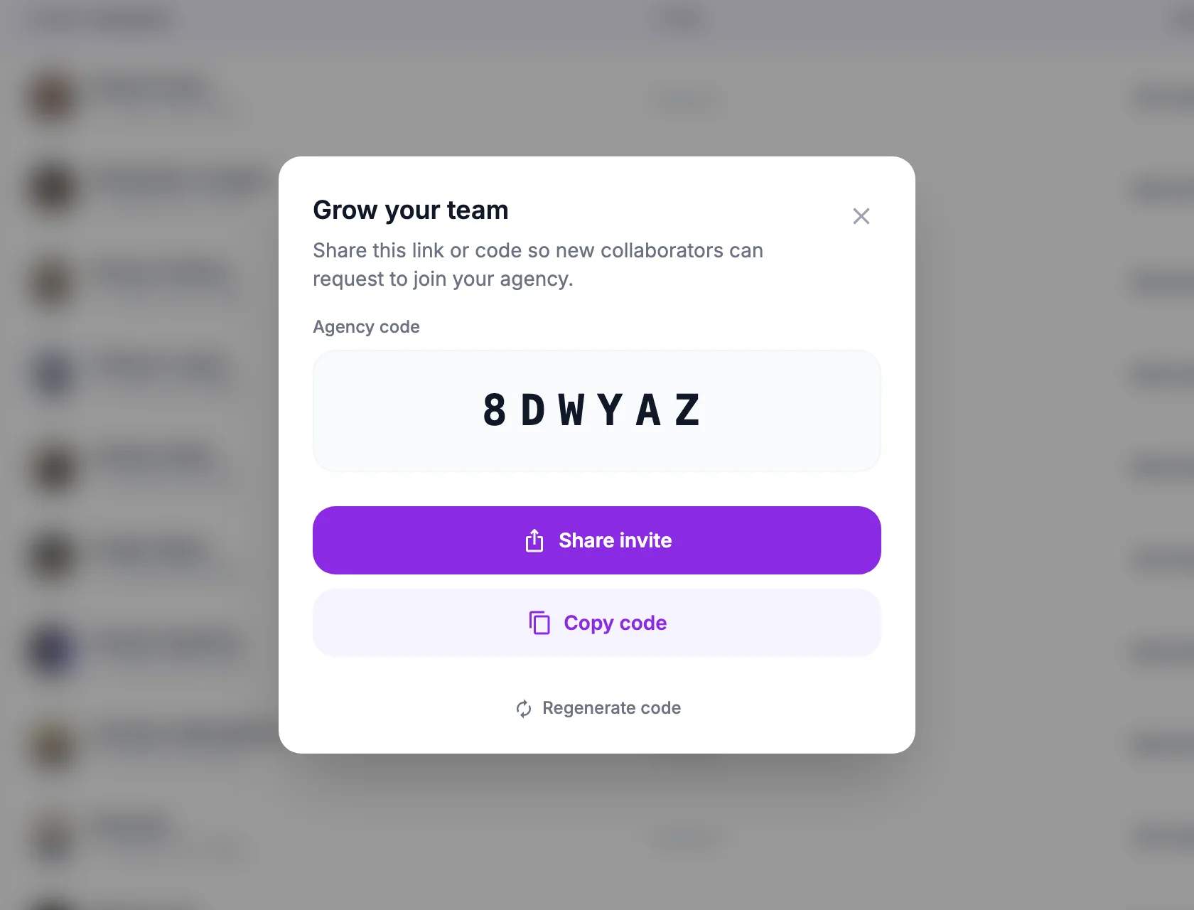 The Grow your team dialog on the Staff page: the business’s agency code, a Share invite button and a Copy code button, over the staff list.